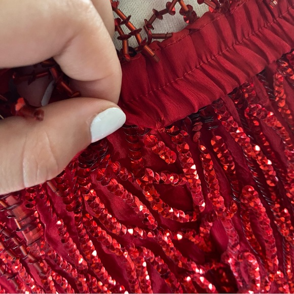 Vintage Sequin Two Piece Silk Pant Set Red - Picture 6 of 10
